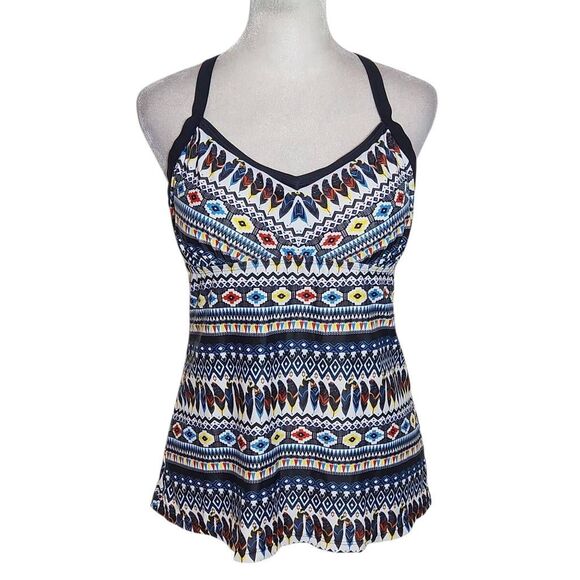 Yonique Feather Print Boho Tankini Top NWT Size Medium Aztec Print Tankini - Picture 1 of 11